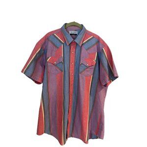vtg Karman Red Blue Purple StripeWestern Shirt 2XL Pearl Snaps Short Sleeve